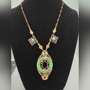 Czech Brass Shamrock Green Glass Necklace 16 Inch Antique 1920s 1930s Lucky